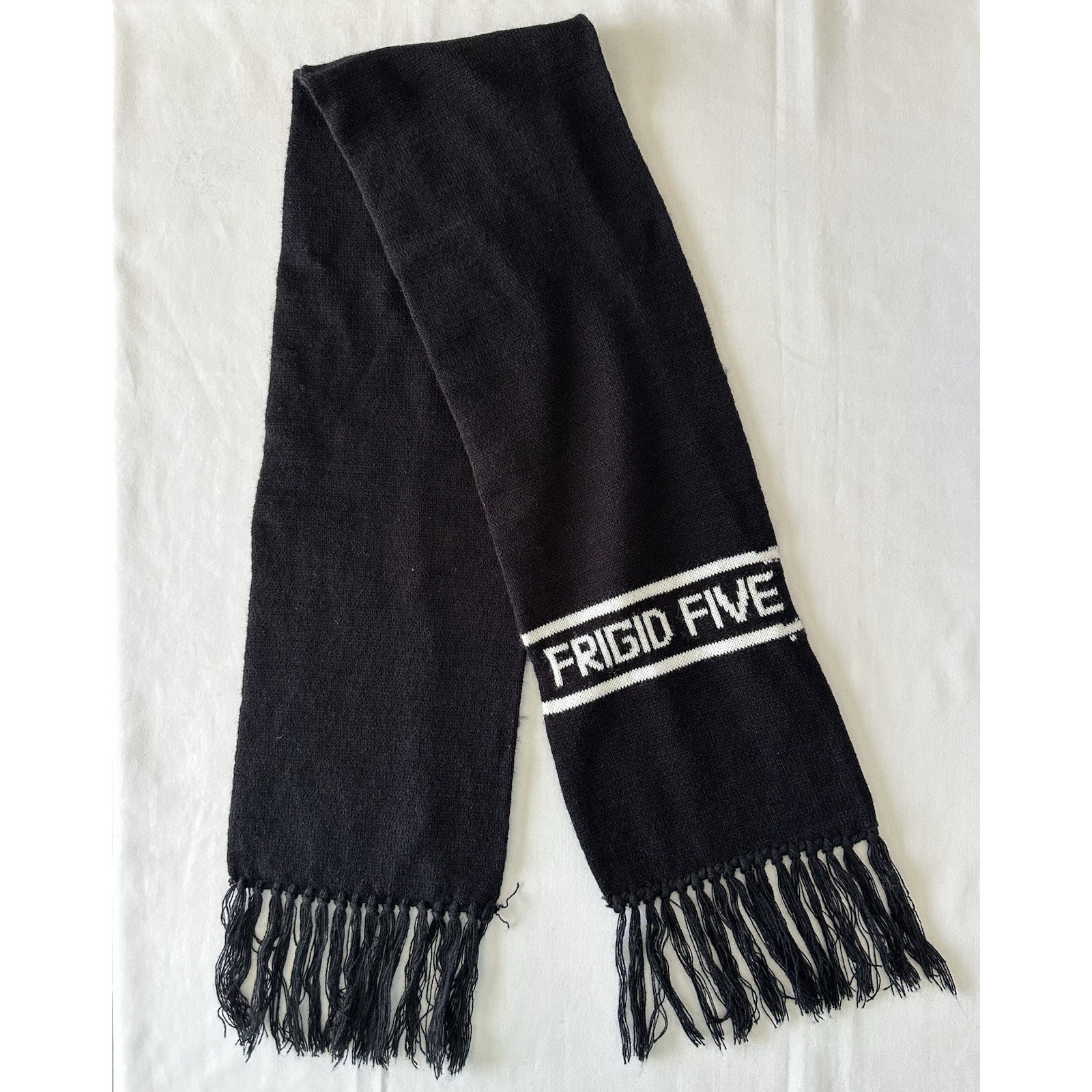 Vtg Frigid Five Winter Scarf Two-Ply Black And White 66" Including Fringe